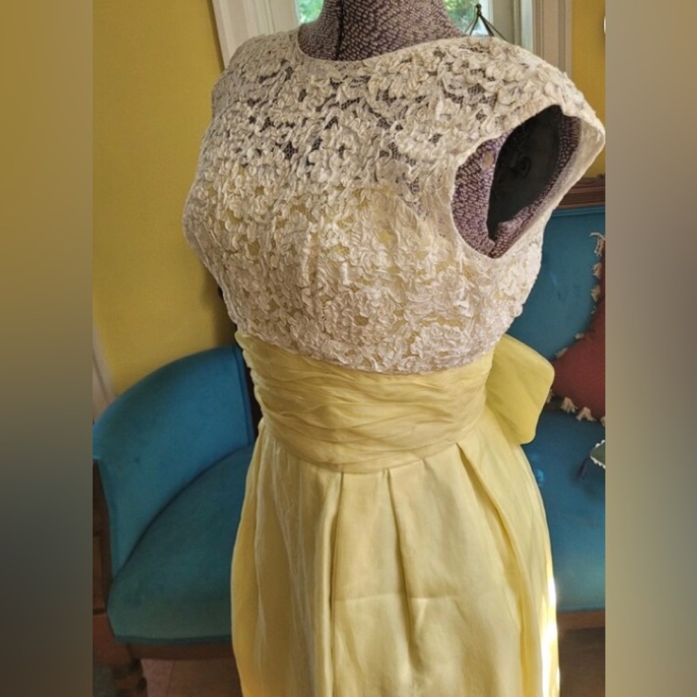 Vintage 1950's Stunning Silk Evening Dress. Lace Bodice, back bow detail. US0